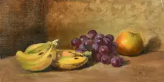 A still life of fruit, bananas, grapes and an apple by Werner Weber, oil on canvas, sold Nov 2022