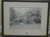 Print - possibly depicting a house in Aber by David Woodford monotint limited edition, print, sold Jan 2019