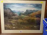 Print depicting a mountain shepherd and his flock by Gwyneth Tomos limited edition, print, sold Jan 2019