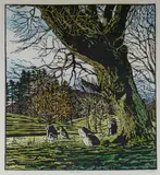 Coloured woodcut - landscape with neolithic standing by Adrian Metcalfe limited edition, 1985, Stone Circle', signed & dated, sold Oct 2018