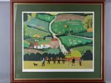 Print - depicting a busy farming scene by Norah Golden coloured limited edition, print, sold Oct 2018