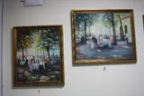 Impressionistic study of diners at tables under trees by P. Arnoux, oil on canvas, sold Oct 2017