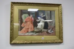 'Interested', a priest reading a letter to a smiling cardinal, in by Achille Buzzi, watercolour, sold Oct 2017