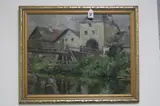 Figures on a wooden river bridge with buildings beyond, oil on by Julius Schrag, oil on board, sold Oct 2017
