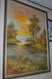 LATE 20TH CENTURY SCHOOL, River landscape at sunset with two ducks flying in, by Indistinctly Signed, oil on canvas, sold Oct 2017