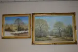 Figures walking a dog in a woodland landscape by Alan Preece, oil on canvas, sold Oct 2017