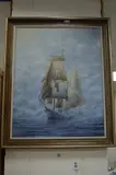 Tall masted ship at full sail by J. Rice, oil on canvas, sold Oct 2017