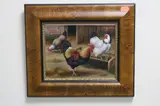 Cockerel and two hens feeding in a farmyard by Carl Whitfield, oil on board, sold Aug 2017