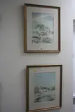 Cottage over the bridge and companion study of a white washed cottage by a pond, watercolours by Granville D. Clarke, watercolor, sold Aug 2017