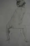 female nude seated on a stool, back view, pencil and colour wash, pencil by Ralph Brown, pencil and colour, sold Aug 2017