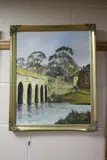 River landscape with bridge and figures by Digby Page, oil on canvas, sold Jul 2017