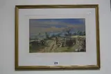 (LATE VICTORIAN BRITISH SCHOOL), Girl in red cape resting against a wooden gate, figures beyond on dry stone wall lined path by Initialled T.p, watercolour, sold Jul 2017