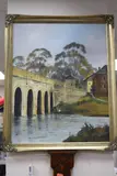 River landscape with bridge and figures by Digby Page, oil on canvas, sold Jul 2017