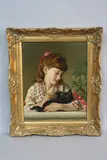 late 19th Century, head and shoulders portrait of a young girl cradling a black kitten in her arms, whilst resting on a ledge by Initialled Rb, 1876, oil, sold Jun 2017