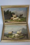sheep and poultry by a wooden fence and companion study of sheep and poultry by sawn branches by Joseph Van Dieghem, oil on panel, sold Jun 2017