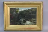 River Ogwen, North Wales, river landscape with figures and livestock crossing on a bridge by James Burrell Smith, 1893, oil on canvas, sold Jun 2017