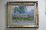 'On The River Bank', two children by water's edge, oil on board, signed by Jeanette Levers, oil on board, sold Jun 2017