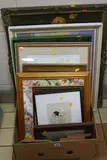 a box of watercolours, cartoon ink sketch signed Lahz, modern watercolours, tapestry pictures, modern oils, etc (box and three loose) by Paintings And Prints, ink, sold Jun 2017
