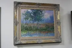 'On The River Bank', two children by water's edge, oil on board, signed by Jeanette Levers, oil on board, sold May 2017