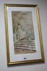 An Autumn Day, young lady seated on the balustrade of some steps, with doves at her feet by B Kaufman, watercolour, sold May 2017