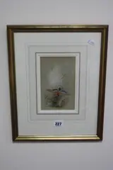 Mallard Drake flying towards water's edge, duck flying to distance by James Stinton, watercolour, sold May 2017