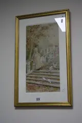 An Autumn Day, young lady seated on the balustrade of some steps, with doves at her feet by B Kaufman, watercolour, sold May 2017