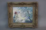 The Letter, lady seated on a riverbank holding parasol to shade her whilst reading a letter by Jeanette Levers, oil on board, sold Apr 2017