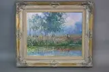 'On The River Bank', two children by water's edge, oil on board, signed by Jeanette Levers, oil on board, sold Apr 2017