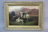 Brown pony with a pannier, three setters recumbant at it's feet, three by Robert Cleminson, oil on canvas, sold Apr 2017