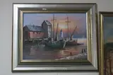 Fishing boats moored by a building on a jetty, oil on canvas, signed by Max Savy, oil on canvas, sold Apr 2017