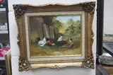 Cockerel and Hens feeding in farmyard, oil on by Indistinctly Signed, oil on canvas, sold Apr 2017