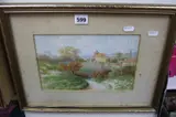 Countryside landscape with church beyond field and lane, watercolour, by Howard Gaye, watercolour, sold Apr 2017