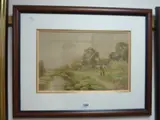 thatched cottage by a river, with figures, dog and poultry, signed lower right, titled by G. Collins, watercolor, sold Apr 2017