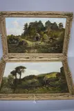 By The Old Mill, figures fishing and playing by the river and companion of a Gypsy Encampent by George William Mote, oil on canvas, sold Mar 2017