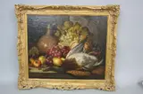 Still life of fruits, stoneware flagon, game and woven basket on a table by Charles Thomas Bale, oil on canvas, sold Mar 2017