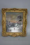 Through the Winter's Snow, figure of a lady in a shawl heading towards thatched cottages at sunrise, church spire visible through the tree tops by Joseph Such, oil on board, sold Mar 2017
