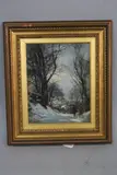 Winter landscape, impressionistic scene of a figure on a tree lined lane, houses beyond by William Greaves, oil on canvas, sold Mar 2017