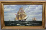 At full sail, four sailing vessels flying red and Union flags on choppy seas, oil on by L. Gough, oil on canvas, sold Mar 2017