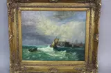 (20TH CENTURY), Dutch Harbour scene with town buildings to distance, oil on by Indistinctly Signed, oil on board, sold Mar 2017