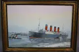 RMS Maurentania, tug boats pulling her into harbour with paddle steamer at her side by Harley Crossley, oil on canvas, sold Mar 2017