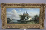 Dutch river landscape with figures on a bridge, oil on board, signed by Ross Stefan, oil on board, sold Mar 2017
