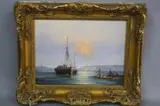 Fishing boats moored in harbour at dusk, oil on canvas, signed lower left, approximately by D. Short, oil on canvas, sold Mar 2017