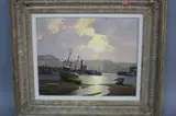 Harbour scene at dusk, cliff top buildings and iron bridge to distance, oil on by Don Micklethwaite, oil on canvas, sold Mar 2017