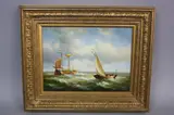 Seascape with rowing boat at the shore's edge, larger boats, signed by K. Costerer, watercolor, sold Mar 2017