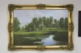 river landscape with thatched cottages and church beyond, oil on canvas, signed in by Malcom Gearing, oil on canvas, sold Mar 2017