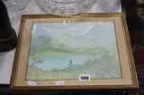 landscape study, seated figure in countryside looking to mountainous distance over lake by P. Solden, mixed media, sold Mar 2017