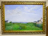 SUMMER SEASCAPE, with cottage and lighthouse looking out to yachts in the bay, signed by M T Laforge, oil on canvas, sold Mar 2017