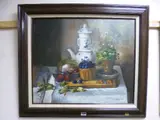 still life vase of red chrysanthemums and dahlias, and an unsigned companion study vase of yellow tulips by Edith M. Elliott, oil on canvas, sold Mar 2017