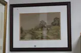 thatched cottage by a river, with figures, dog and poultry, signed lower right, titled by G. Collins, watercolor, sold Mar 2017