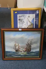 Maritime scene of battle ships, oil on canvas, signed, together with six various prints by J. Harvey, oil on canvas, sold Mar 2017
